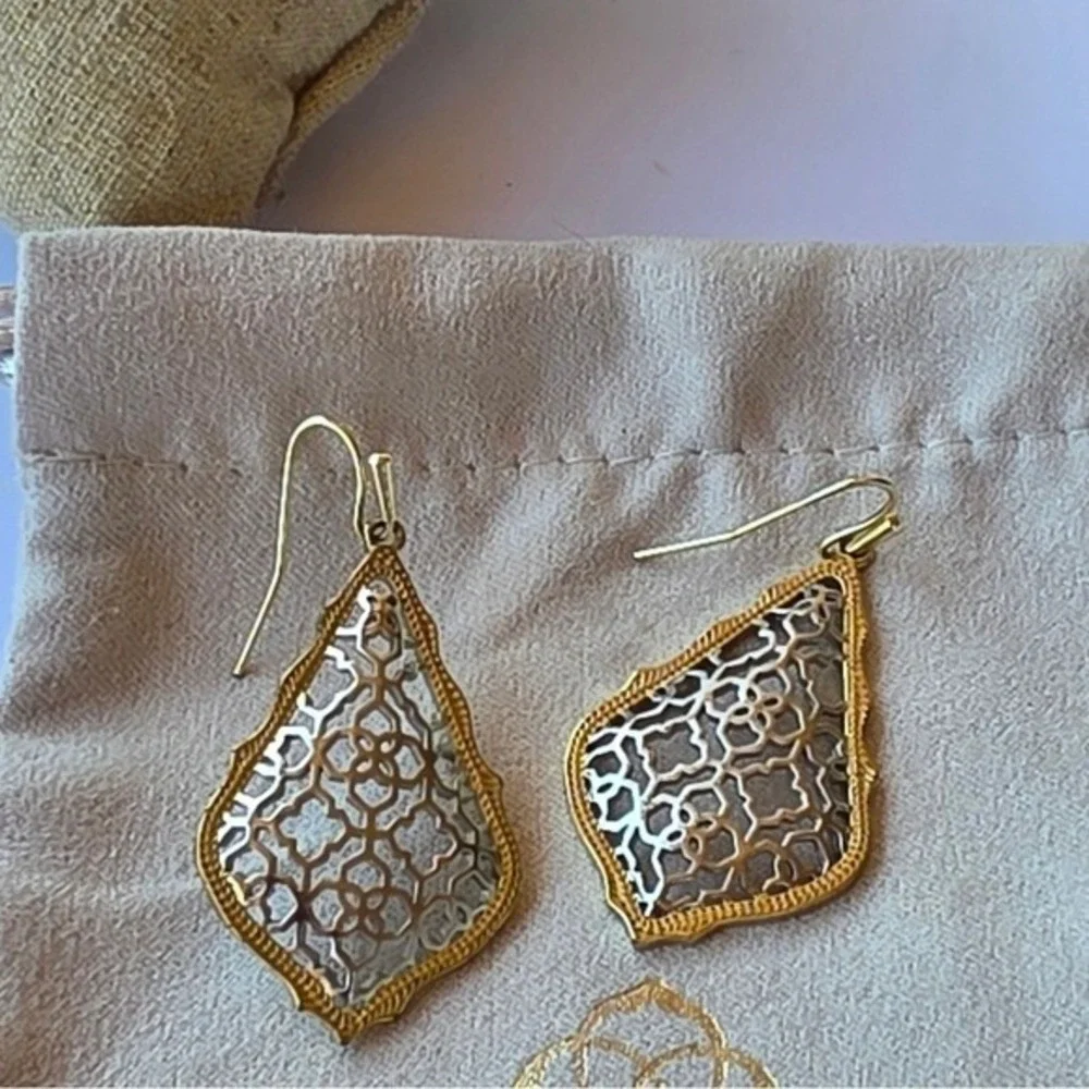 Kendra Scott Addie Gold and Silver Rhodium Plated Filigree Teardrop Earrings New